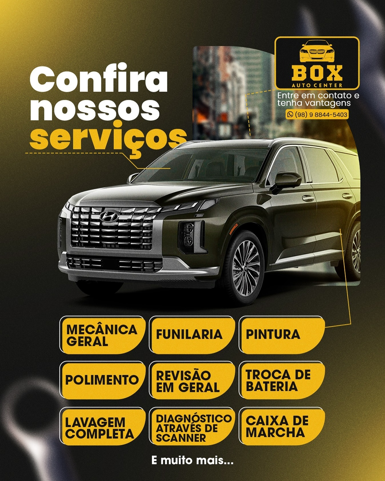 Banner da BOX Auto Center com os serviços: mecânica geral, funilaria, pintura, polimento, revisão, troca de bateria, lavagem completa, diagnóstico por scanner e caixa de marcha